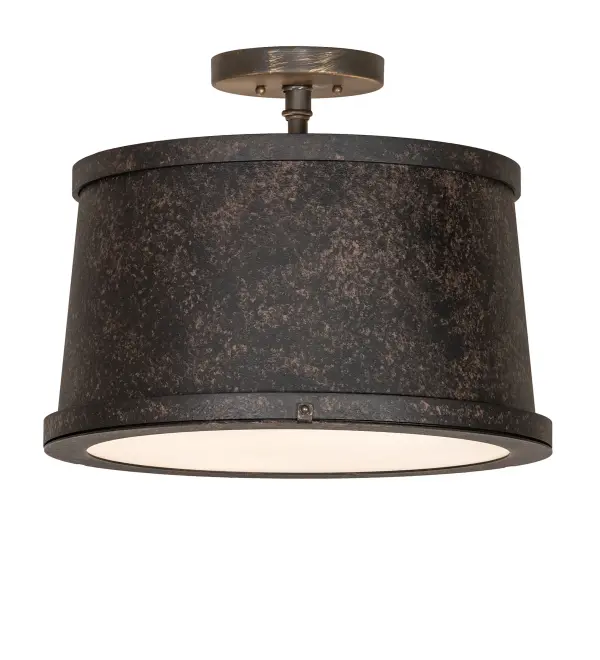 This stunning fixture has a curved shape that integrates a modern look with an industrial style. The fixture offers a stunning Coffee Bean-finished cylindrical frame and decorative accents, which are enhanced with a Statuario Idalight bottom diffuser. The canopy is finished in an Antique Brass. The ceiling fixture can illuminate dining areas and entryways in homes, lounges, and restaurants. The Cilindro Reel Semi-Flushmount is included in our American-made, American-designed, handcrafted Modern Lighting Collection and manufactured in Yorkville, NY. The fixture is UL & cUL listed for dry and damp locations. Collection: Cilindro Finish: Coffee Bean Glass: Statuario Idalight Width: 18.00" Height: 14.00" Length: 18.00" Weight: 21.00 lb Number of Bulbs: 3 Maximum Wattage: 40.00 W Bulb Type: A19 Bulb Base: E26 Material: Steel Country of Origin: USA Safety Rating: Damp