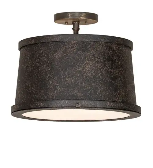 This stunning fixture has a curved shape that integrates a modern look with an industrial style. The fixture offers a stunning Coffee Bean-finished cylindrical frame and decorative accents, which are enhanced with a Statuario Idalight bottom diffuser. The canopy is finished in an Antique Brass. The ceiling fixture can illuminate dining areas and entryways in homes, lounges, and restaurants. The Cilindro Reel Semi-Flushmount is included in our American-made, American-designed, handcrafted Modern Lighting Collection and manufactured in Yorkville, NY. The fixture is UL & cUL listed for dry and damp locations. Collection: Cilindro Finish: Coffee Bean Glass: Statuario Idalight Width: 18.00" Height: 14.00" Length: 18.00" Weight: 21.00 lb Number of Bulbs: 3 Maximum Wattage: 40.00 W Bulb Type: A19 Bulb Base: E26 Material: Steel Country of Origin: USA Safety Rating: Damp - alternate view