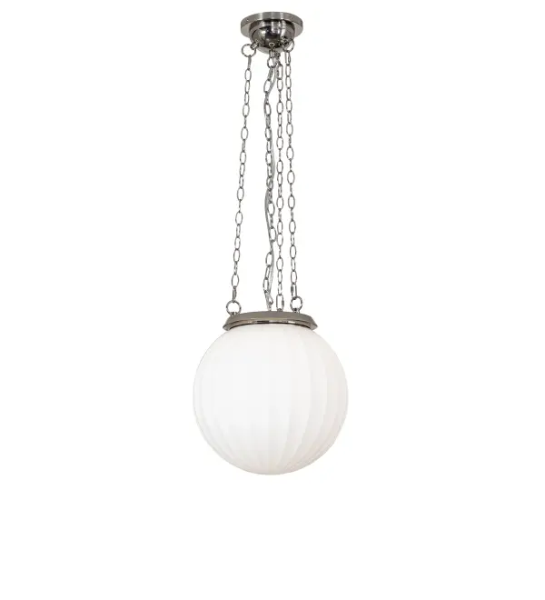 A curvaceous; stylish ceiling fixture. Eye catching appeal is achieved with a classic White Ribbed Art Glass orb shade complemented by hardware in a Polished Nickel finish. Ideal for hallways and dining spaces in residential; hospitality; and commercial environments. The Oakland Flush Mount is included in our American-designed; handcrafted Art Deco Lighting Collection. UL and cUL listed for dry and damp locations. Custom made. Call for pricing and lead time. Featured at the Oakland Hills Country Club in Bloomfield Hills; Michigan.
