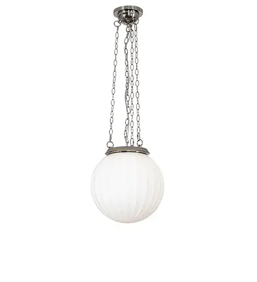 A curvaceous; stylish ceiling fixture. Eye catching appeal is achieved with a classic White Ribbed Art Glass orb shade complemented by hardware in a Polished Nickel finish. Ideal for hallways and dining spaces in residential; hospitality; and commercial environments. The Oakland Flush Mount is included in our American-designed; handcrafted Art Deco Lighting Collection. UL and cUL listed for dry and damp locations. Custom made. Call for pricing and lead time. Featured at the Oakland Hills Country Club in Bloomfield Hills; Michigan. - alternate view