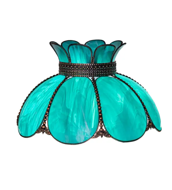 Embrace the timeless look of this classic art glass lighting design. The Annabelle shade features a Hand-Bent Teal Glass with Brass filigree featured in a Highlighted Craftsman Brown finish to reveal an eye-catching dimensional look. It pairs well with a base to create a table or floor lamp, and matches with hardware to create a ceiling fixture or wall sconce. The Anabelle Shade is featured in our American-made, American-designed, handcrafted Quality Bent Glass Lighting Collection and is manufactured in Yorkville, NY. UL and cUL listed for dry locations. Our Quality Bent Glass division is over 100 years in the making and still creating timeless masterpieces using original tools and techniques from the days when we supplied Louis Comfort Tiffany Studios. Quality Bent Glass originally revolutionized the manufacturing process for high-temperature glass formation by custom building production capacity, glass-forming ovens, and kilns. We are one of the only remaining manufacturers of bent glass lighting and take pride in this rich heritage and expertise. Collection: Annabelle Finish: Highlighted Craftsman Brown Glass: Teal Glass Width: 18.00" Height: 10.50" Length: 18.00" Weight: 5.50 lb Country of Origin: CHINA