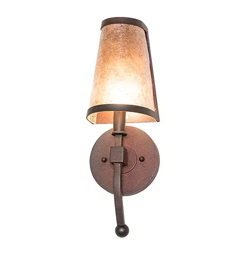 You can elevate your space with this stunning, elongated wall sconce. Verheven features a sleek Silver Mica shade, which is enhanced with a ballpoint finial, decorative accents, and a round backplate featured in a Wrought Iron on Rust finish. This ADA-compliant wall luminaire is ideal for use in hallways, dining areas, and living spaces in residential and hospitality settings. The Verheven Wall Sconce is included in our American-made, American-designed, handcrafted Transitional Lighting Collection and manufactured in Yorkville, New York. UL and cUL listed for dry and damp locations. Collection: Verheven Finish: Wrought Iron On Rust Glass: Silver Mica Width: 5.00" Height: 15.00" Length: 4.00" Weight: 2.00 lb Number of Bulbs: 2 Maximum Wattage: 40.00 W Bulb Type: BA9 Bulb Base: E12 Material: Steel Country of Origin: USA Safety Rating: Damp - alternate view