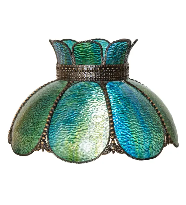 Every Meyda Tiffany item is a unique handcrafted work of art. Natural variations in the wide array of materials that we use to create each Meyda product make every item a masterpiece of its own. Photographs are a general representation of the product. Colors and designs will vary. Collection: Annabelle Finish: Hi-Lited Craftsman Brown Glass: Bluegreen Wispy Ripple Glass Width: 18.00" Height: 10.50" Length: 18.00" Weight: 5.50 lb Country of Origin: CHINA Safety Rating: Damp