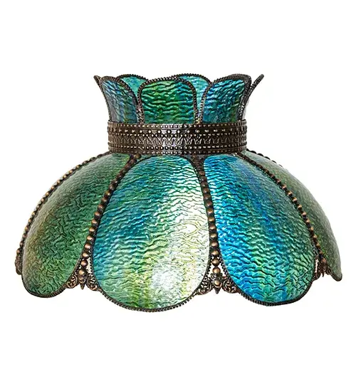 Every Meyda Tiffany item is a unique handcrafted work of art. Natural variations in the wide array of materials that we use to create each Meyda product make every item a masterpiece of its own. Photographs are a general representation of the product. Colors and designs will vary. Collection: Annabelle Finish: Hi-Lited Craftsman Brown Glass: Bluegreen Wispy Ripple Glass Width: 18.00" Height: 10.50" Length: 18.00" Weight: 5.50 lb Country of Origin: CHINA Safety Rating: Damp - alternate view