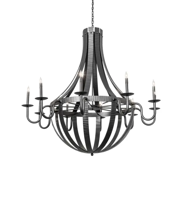 Elegant, luxurious charm blends with natural, rustic beauty. This extraordinary chandelier is inspired by antique staves, traditionally bound by metal hoops used to construct beer and whisky barrels, as well as wine casks. Stunning Hammered Wrought Iron bands and curved metal arms with bobeches embrace ten complementary faux candlelights. This lovely chandelier is ideal for providing beautiful ambient lighting and opulence in residential and hospitality spaces. The overall height ranges from 53 to 124 inches, as the chain can be adjusted on location to meet your precise lighting requirements. The Barrel Stave Metallo 10 Light Chandelier is included in our American-made, American-designed, handcrafted Contemporary Rustic Collection and manufactured in Yorkville, New York. The fixture is UL and cUL listed for dry and damp locations. Collection: Barrel Stave Finish: Wrought Iron Width: 54.00" Height: 53.00" Length: 54.00" Weight: 140.00 lb Number of Bulbs: 10 Maximum Wattage: 40.00 W Bulb Type: BA9 Bulb Base: E12 Material: Steel Country of Origin: USA Safety Rating: Damp