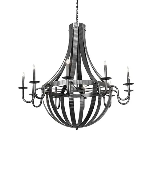 Elegant, luxurious charm blends with natural, rustic beauty. This extraordinary chandelier is inspired by antique staves, traditionally bound by metal hoops used to construct beer and whisky barrels, as well as wine casks. Stunning Hammered Wrought Iron bands and curved metal arms with bobeches embrace ten complementary faux candlelights. This lovely chandelier is ideal for providing beautiful ambient lighting and opulence in residential and hospitality spaces. The overall height ranges from 53 to 124 inches, as the chain can be adjusted on location to meet your precise lighting requirements. The Barrel Stave Metallo 10 Light Chandelier is included in our American-made, American-designed, handcrafted Contemporary Rustic Collection and manufactured in Yorkville, New York. The fixture is UL and cUL listed for dry and damp locations. Collection: Barrel Stave Finish: Wrought Iron Width: 54.00" Height: 53.00" Length: 54.00" Weight: 140.00 lb Number of Bulbs: 10 Maximum Wattage: 40.00 W Bulb Type: BA9 Bulb Base: E12 Material: Steel Country of Origin: USA Safety Rating: Damp - alternate view