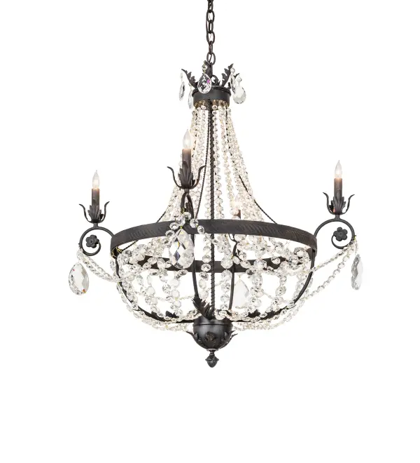Exquisite styling and luxurious charm are reflected in these garlands of faceted crystal charms, rich Chestnut finished scrolled arms, floral and Acanthus leaf accents, and hardware. This elegant chandelier embraces four complementary faux candlelights, which are hand-painted to match the hardware. This chandelier features quality materials and hand-detailed American craftsmanship perfected by years of time-honored artistry and passed down from generations of highly skilled artisans. These eye-catching elements emit a clean glow and enhance the ambiance of the surrounding space as they elevate the fixture's appeal in homes, resorts, and hotels. The Antonia 4 Light Chandelier is included in our American-made, American-designed, Handcrafted Crystal Lighting Collection and is manufactured in Yorkville, New York. The fixture is UL and cUL listed for dry and damp locations. Contemporary, sophisticated, brilliant, radiant Crystal Lighting Options offer graceful elegance and luxurious opulence that converge in crystal lighting works of art from Meyda. Rich, luxurious crystal is used to create distinctive lighting design statements in various residential, hospitality, and commercial applications. The light from these fixtures will refract off the crystal elements and give your room brilliant sparkles of illumination. Collection: Antonia Finish: Chestnut Width: 34.00" Height: 38.00" Length: 34.00" Weight: 25.00 lb Number of Bulbs: 4 Maximum Wattage: 60.00 W Bulb Type: BA9 Bulb Base: E12 Material: Steel Country of Origin: USA Safety Rating: Damp