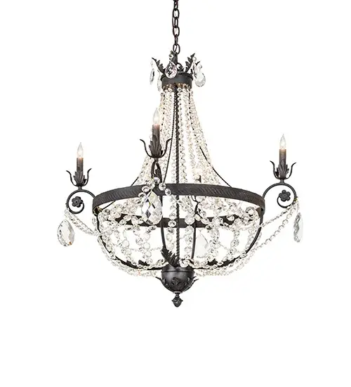 Exquisite styling and luxurious charm are reflected in these garlands of faceted crystal charms, rich Chestnut finished scrolled arms, floral and Acanthus leaf accents, and hardware. This elegant chandelier embraces four complementary faux candlelights, which are hand-painted to match the hardware. This chandelier features quality materials and hand-detailed American craftsmanship perfected by years of time-honored artistry and passed down from generations of highly skilled artisans. These eye-catching elements emit a clean glow and enhance the ambiance of the surrounding space as they elevate the fixture's appeal in homes, resorts, and hotels. The Antonia 4 Light Chandelier is included in our American-made, American-designed, Handcrafted Crystal Lighting Collection and is manufactured in Yorkville, New York. The fixture is UL and cUL listed for dry and damp locations. Contemporary, sophisticated, brilliant, radiant Crystal Lighting Options offer graceful elegance and luxurious opulence that converge in crystal lighting works of art from Meyda. Rich, luxurious crystal is used to create distinctive lighting design statements in various residential, hospitality, and commercial applications. The light from these fixtures will refract off the crystal elements and give your room brilliant sparkles of illumination. Collection: Antonia Finish: Chestnut Width: 34.00" Height: 38.00" Length: 34.00" Weight: 25.00 lb Number of Bulbs: 4 Maximum Wattage: 60.00 W Bulb Type: BA9 Bulb Base: E12 Material: Steel Country of Origin: USA Safety Rating: Damp - alternate view