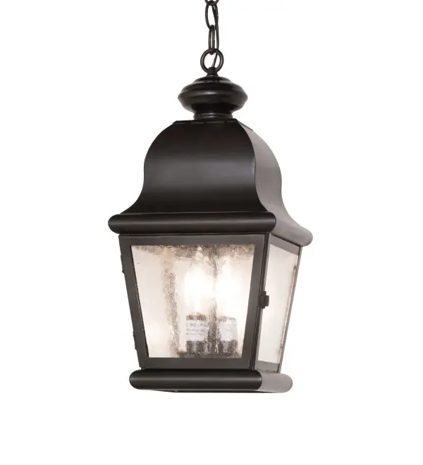 Enjoy the rich; time-honored look of Lapalma; this exquisite indoor/outdoor lantern design reveals classic styling and handcrafted construction. The shapely ceiling pendant features a Clear Seeded Glass lens; complemented by hardware; a scrolled arm; and decorative accents in an Oil Rubbed Bronze finish. The Solid Brass fixture is ideal for illuminating entryways; kitchens; and other spaces in outdoor residential; hospitality; and commercial locations. The overall height ranges from 22 to 57 inches; as the chain length can be easily adjusted on location to accommodate your specific lighting application needs. The Lapalma Pendant is included in our American-made; American-designed; handcrafted Traditional Lighting Collection. Manufactured in Yorkville; New York. UL and cUL are listed for dry; damp; and wet locations.