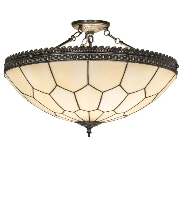 Embrace the timeless look of this classic lighting design. The Beige Art Glass shade is Kiln-fired into a Honeycomb pattern enhanced with Antique Brass filigree accents for an eye-catching dimensional look. This ceiling fixture is ideal for hallways and entryways in fine homes, restaurants, and hotels. The Vincent Honeycomb Semi-Flushmount is included in our American-made, American-designed, handcrafted Quality Bent Glass Collection, which is manufactured in Yorkville, New York. The ceiling fixture is UL and cUL listed for dry and damp locations. The Quality Bent Glass division of Meyda Tiffany has been in the making for over 100 years. The company revolutionized the manufacturing process for high-temperature glass by custom building production capacity glass-forming ovens and kilns. Today, we are still creating timeless masterpieces using tools and methods from when we supplied Tiffany Studios. Collection: Vincent Finish: Antique Brass Matte Antique Brass Glass: Beige Art Glass Width: 24.00" Height: 15.00" Length: 24.00" Weight: 10.00 lb Number of Bulbs: 3 Maximum Wattage: 60.00 W Bulb Type: A19 Bulb Base: E26 Material: Steel Country of Origin: CHINA Safety Rating: Damp