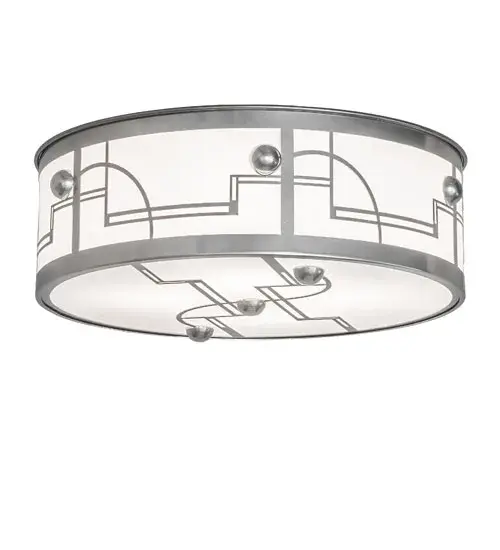 Inspired by the rhythmic notes on sheet music famous for jazz and swing dance styles, this stylized ceiling fixture features straight lines and curving shapes reminiscent of the high art of the Art Deco era. The charming fixture features a Statuario Idalight lens with a matching bottom diffuser. The shade is enhanced with Extreme Chrome finished decorative accents and hardware. This appealing ceiling fixture is perfect for positioning in entryways, dining areas, and living spaces in various settings, including residential and hospitality spaces. The Revival Deco Flushmount is included in our American-made, American-designed, handcrafted Contemporary Collection, which is manufactured in Yorkville, New York. It is UL and cUL listed for dry and damp locations. Collection: Revival Finish: Extreme Chrome Glass: Statuario Idalight Width: 24.00" Height: 9.00" Length: 24.00" Weight: 16.00 lb Number of Bulbs: 4 Maximum Wattage: 60.00 W Bulb Type: A19 Bulb Base: E26 Material: Steel Country of Origin: USA Safety Rating: Damp - alternate view