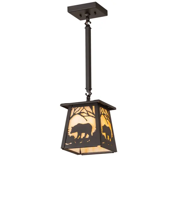 A majestic Bear wanders through the woodlands as the sun rises in the warm summer sky. Pleasant ambient light projects through a Beige Art Glass lens, which is complemented with hardware and decorative accents featured in Oil Rubbed Bronze. The mini pendant is ideal for illuminating tables and bars in dining and kitchen areas in modern farmhouses, lodges, camps, and inns. The Bear at Dawn Mini Pendant is included in our American-made, American-designed, handcrafted Wildlife Collection, which is manufactured in Yorkville, New York. The fixture is UL and cUL listed for dry and damp locations. Collection: Bear At Dawn Finish: Oil Rubbed Bronze Glass: Beige Art Glass Width: 10.00" Height: 24.00" Length: 7.00" Weight: 9.00 lb Number of Bulbs: 1 Maximum Wattage: 60.00 W Bulb Type: A19 Bulb Base: E26 Material: Steel Country of Origin: USA Safety Rating: Damp