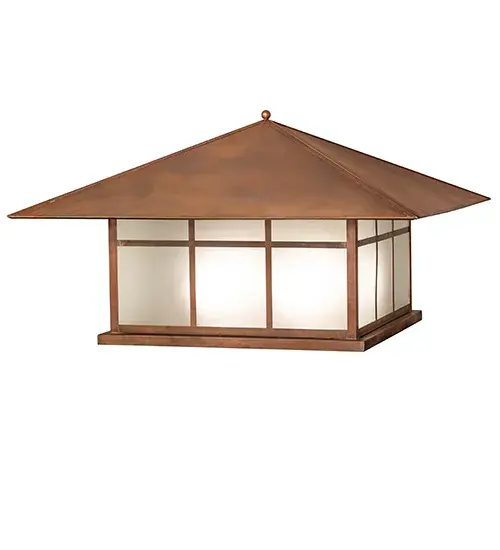 This ceiling pendant makes a stunning Craftsman- style statement; captured in a dramatic profile and featuring a unique Cross Mission design. The Solid Copper fixture is ideal for placement on columns and posts on decks and patios in timber homes; modern farmhouses; and other spaces. The Clear Frosted Glass diffuser is enhanced with a frame and hardware featured in a Vintage Copper finish. The Stillwater Double Bar Mission Pier Mount is part of our American-made; American- designed; handcrafted Craftsman Signature Series; manufactured in Yorkville; New York. The fixture is UL and cUL listed for use in dry; damp; and wet locations. Our Build Your Own Craftsman Signature Series features unlimited combinations of styles. The collection is called Build Your Own because it is fully configurable and customizable from size and design to finish and lens color. Marine-grade; solid brass; or copper raw materials are utilized to ensure items from the Craftsman Signature Series of outdoor and indoor lighting will stand the test of time; as these premium metals are impervious to most types of oxidation. Hand- applied Patina finishes on brass and copper are sealed with a clear varnish and; over time; may require gentle maintenance; such as wax; to delay or reverse the natural living finish attributes indicative of this finishing process. Patina finishes on brass and copper provide strong resistance to fading from sun exposure; will not chip or crack; and will not rust like a steel- framed item in the same conditions. Choose from a variety of style options or send us your concept today! Call today to learn how to use the configuration tool available on our website to generate an item number instantly. - alternate view
