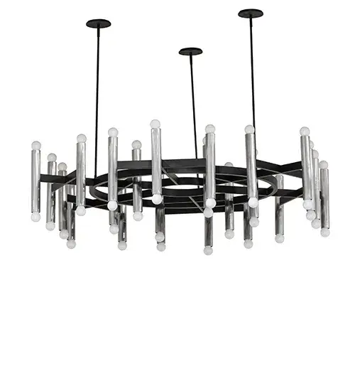 A striking and unique geometric lighting design. Byron is a curvaceous architectural structure that features a central hub with multiple crossbars and arms embracing sleek cylindrical elements for a unique decorative look. Each lighting element features up and down lights for task and ambient illumination. The central frame is offered in Flat Black, while the lighting elements are shown in Brushed Stainless Steel. This ceiling fixture is perfect for dining areas and entryways in modern homes, offices, and restaurants. The Byron 48 Light Chandelier is featured in our American-made, American-designed, handcrafted Contemporary Lighting Collection and manufactured in Yorkville, New York. The fixture is UL and cUL listed for dry and damp locations. This fixture was designed by David Singer of Arc Light Design in New York and is featured at a private residence in Texas. Collection: Byron Finish: Flat Black & Brushed Stainless Steel Width: 62.00" Height: 39.00" Length: 62.00" Weight: 76.00 lb Number of Bulbs: 48 Maximum Wattage: 4.00 W Bulb Type: A15 Bulb Base: E26 Light Source: LED Material: Steel/Stainless Steel Country of Origin: USA Safety Rating: Damp LED