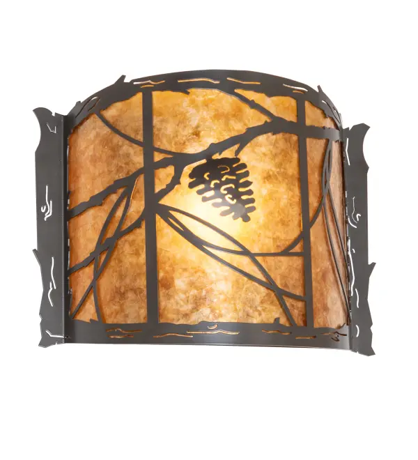 Invite the beauty of nature into your home with a charming wall fixture featuring metal accents designed as Pinecones; Pine needles; and branches. Experience the warm beauty of an Amber Mica diffuser enhanced with a Timeless Bronze finish. The ADA-compliant wall fixture complements the matching left sconce 280280. The Whispering Pines Wall Sconces are featured in our American-made; American-designed; handcrafted Nature Inspired Collection. It was manufactured in Yorkville; New York. UL and cUL listed for dry and damp locations. Upstate New York's adventurous playland; known as the Adirondack Mountains; with its many breathtaking forests; lakes; and rivers; is the spiritual birthplace of Meyda and inspires our rustic-themed mica collections.
