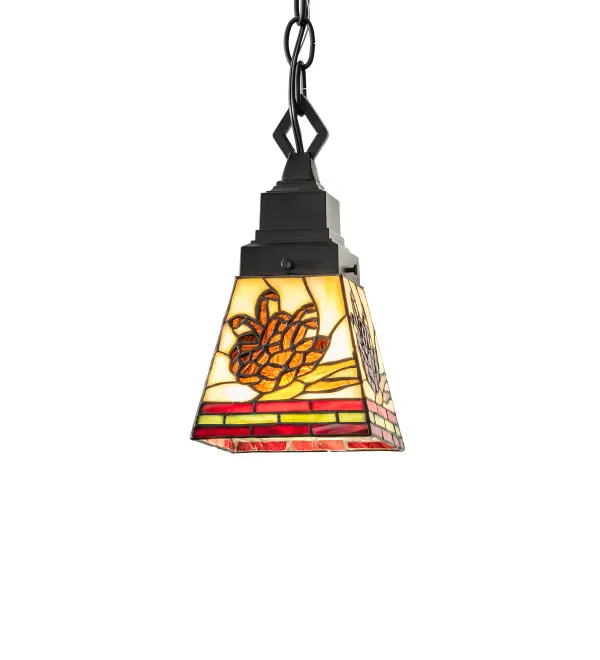 This stunning Rustic stained glass design features the iconic Pinecone; one of Mother Nature's most compelling organic symbols; which offers natural elegance and represents the evolution of human enlightenment. Exquisite Burgundy and Leaf Green bands edge this woodland shade; highlighting Light Brown pinecones and Golden Sun branches on a Beige art glass shade. The beautiful shade is created using the famous Meyda Tiffany copperfoil construction technique and complemented with elegant Mahogany Bronze finished cast metal hardware. The fixture is inspired by Pine Trees found among renowned American forests; and has an overall height that ranges from 16 to 50 inches and can be easily adjusted on location to meet your specifications. Install the mini pendants in a group to illuminate bars; islands; tables; and counters to create a dramatic design statement. The Pinecone Flushmount is included in our American-designed; handcrafted Nature Inspired Stained Glass Collection. UL and cUL listed for dry and damp locations. Each shade is a unique work of art with color variations based on natural ingredients inherent in the glass.