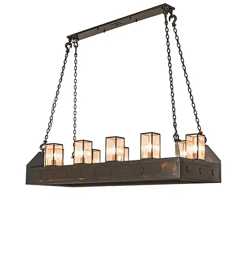 American artisan craftsmanship creates a masterful lighting design. To evoke the look of age-old copper; the pendant features an Old Copper Pot finished steel frame accented with architectural medallions for an impeccable Craftsman look. Cassidy features 10 Copper Mesh cube-shaped elements that reveal Edison lamps for a unique ambiance. The pendant fixture is ideal for placement above kitchen islands; bars; and tables in residential and hospitality settings. The Cassidy Oblong Pendant is part of our American-made; American-designed; handcrafted Rustic Collection and is manufactured in Yorkville; New York. The fixture is UL and cUL listed for dry and damp locations. - alternate view