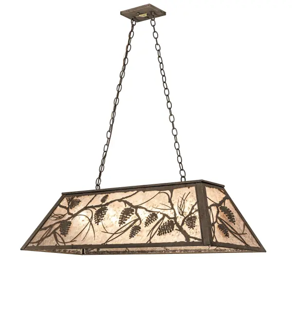 Enjoy the ambiance of soft light diffused through a beautiful Silver Mica shade featuring breathtaking Pinecone and Pine Branch designs. This nature-inspired oblong pendant is enhanced with an Antiquity finish. Place the pendant over kitchen islands; bars; billiard tables; and counters in lodges; log and timber frame homes; camps; and other residential and hospitality locations. The Whispering Pines Oblong Pendant is featured in our American-made; American-designed; handcrafted Nature Inspired Collection and is manufactured in Yorkville; New York. UL and cUL listed for dry and damp locations. Upstate New York's adventurous playground; known as the Adirondack Mountains; with its many breathtaking forests; lakes; and rivers; is the spiritual birthplace of Meyda and inspires our rustic-themed mica collections.