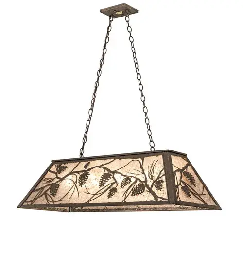 Enjoy the ambiance of soft light diffused through a beautiful Silver Mica shade featuring breathtaking Pinecone and Pine Branch designs. This nature-inspired oblong pendant is enhanced with an Antiquity finish. Place the pendant over kitchen islands; bars; billiard tables; and counters in lodges; log and timber frame homes; camps; and other residential and hospitality locations. The Whispering Pines Oblong Pendant is featured in our American-made; American-designed; handcrafted Nature Inspired Collection and is manufactured in Yorkville; New York. UL and cUL listed for dry and damp locations. Upstate New York's adventurous playground; known as the Adirondack Mountains; with its many breathtaking forests; lakes; and rivers; is the spiritual birthplace of Meyda and inspires our rustic-themed mica collections. - alternate view