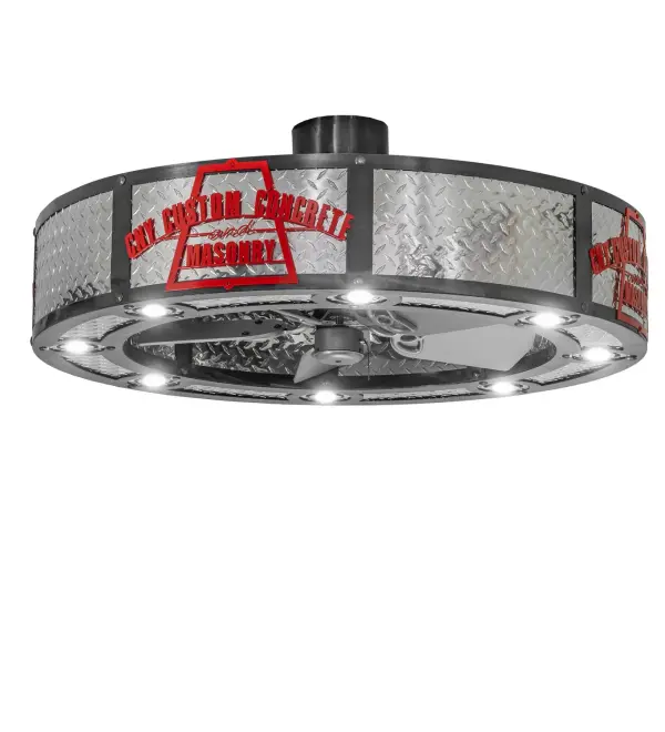 Innovation never looked so good with this unique lighting fixture, which integrates a custom design and ceiling fan technology. Enjoy beautiful light diffused through a Diamond Plate lens while gentle breezes are produced by the ceiling fan spinning quietly in the center of this fan-integrated lighting fixture. A striking logo design is personalized for CNY Custom Concrete and Masonry, finished in Red, while the hardware is offered in Black Chrome. This awe- inspiring ceiling fixture uses eight inner lights for a decorative effect and four downlights for task lighting. In summer, the fan pushes down a wind chill that circulates to keep the space cool and comfortable. In winter, the fan is reversed to pull the room air up towards the ceiling and force the warm air back down into your space. The Personalized CNY Custom Concrete & Masonry Chandel-Air is featured in our American-made, American-designed, handcrafted Personalized Chandel-Air Collection and is manufactured in Yorkville, New York. UL and cUL listed for dry and damp locations. Collection: Personalized Finish: Black Chrome & Red Bn Glass: Diamond Plate Brushed Nickel Width: 44.00" Height: 17.25" Length: 44.00" Weight: 80.00 lb Number of Bulbs: 8 Maximum Wattage: 50.00 W Bulb Type: Par 20 Bulb Base: E26 Material: Steel Country of Origin: USA Safety Rating: Damp