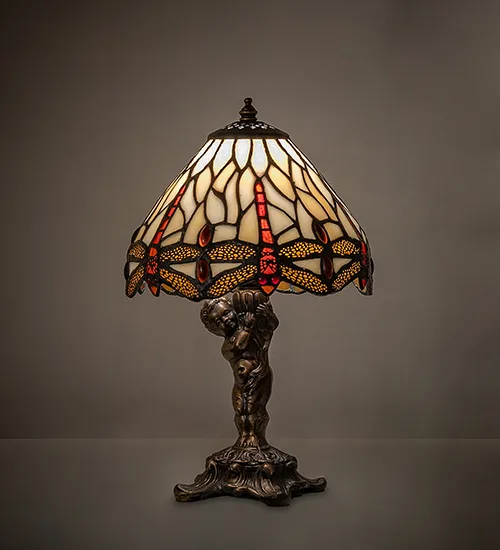12" High Tiffany Hanging Head Dragonfly Cherub Accent Lamp
