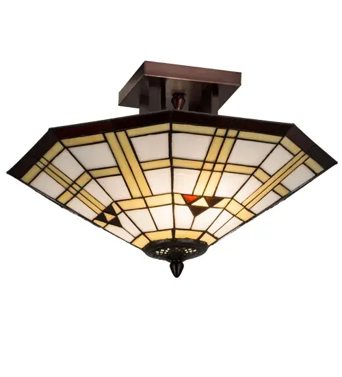 Native American patterns are a commonly used theme in the Southwest Mission style. The Meyda Tiffany Arrowhead Mission shade has a triple arrowhead and border in Bark Brown granite textured glass.. Intersecting bands of Sand Beige on Alabaster White complete this geometric stained glass shade which is suspended from simple linear flushmount hardware in Mahogany Bronze. - alternate view