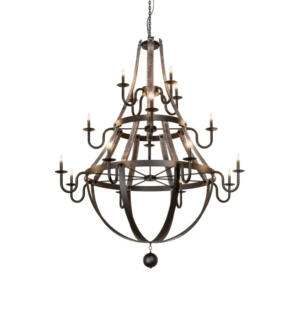 Elegant; luxurious charm blends with natural; rustic beauty. This extraordinary chandelier is inspired by antique staves; traditionally bound by metal hoops used to construct beer and whisky barrels; as well as wine casks. Stunning Oil Rubbed Bronze bands and curved metal arms with bobeches embrace 16 complementary faux candlelights. This lovely chandelier is ideal for providing beautiful ambient lighting and opulence in residential and hospitality spaces. The Barrel Stave 16 Light Chandelier is included in our American-made; American-designed; handcrafted Barrel Stave Collection and manufactured in Yorkville; New York. The fixture is UL and cUL listed for dry and damp locations.