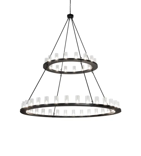 Blending an elegant style with a classic, distinguished look... The Loxley chandelier is custom-crafted with 48 Clear Seeded Glass Cylindres. These illuminating elements are perched on two sturdy rings, which are enhanced with a Flat Black finish. This massive, luxurious custom fixture is ideal for illuminating ballrooms, dining tables, lobbies, entryways, and other residential, hospitality, and commercial spaces. The Loxley 48 Light Two Tier Chandelier is included in our American-made, American-designed, handcrafted Transitional Lighting Collection. This fixture is manufactured in Yorkville, New York, and is UL and cUL listed for dry and damp locations. Collection: Loxley Finish: Solar Black Glass: Clear Seeded Glass Width: 84.00" Length: 84.00" Weight: 173.00 lb Number of Bulbs: 48 Maximum Wattage: 9.00 W Bulb Type: B11 Bulb Base: E26 Light Source: LED Material: Steel Country of Origin: USA Safety Rating: Damp LED