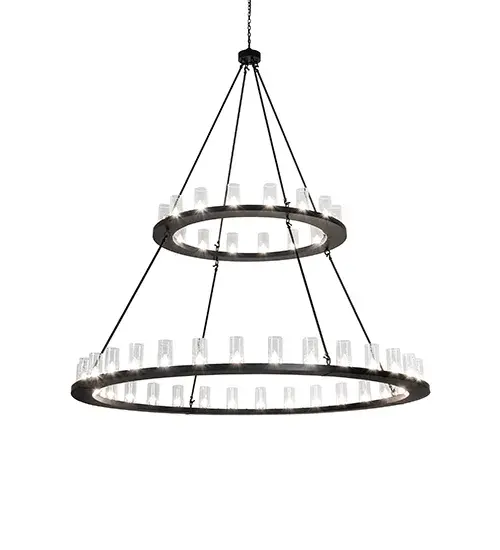 Blending an elegant style with a classic, distinguished look... The Loxley chandelier is custom-crafted with 48 Clear Seeded Glass Cylindres. These illuminating elements are perched on two sturdy rings, which are enhanced with a Flat Black finish. This massive, luxurious custom fixture is ideal for illuminating ballrooms, dining tables, lobbies, entryways, and other residential, hospitality, and commercial spaces. The Loxley 48 Light Two Tier Chandelier is included in our American-made, American-designed, handcrafted Transitional Lighting Collection. This fixture is manufactured in Yorkville, New York, and is UL and cUL listed for dry and damp locations. Collection: Loxley Finish: Solar Black Glass: Clear Seeded Glass Width: 84.00" Length: 84.00" Weight: 173.00 lb Number of Bulbs: 48 Maximum Wattage: 9.00 W Bulb Type: B11 Bulb Base: E26 Light Source: LED Material: Steel Country of Origin: USA Safety Rating: Damp LED - alternate view
