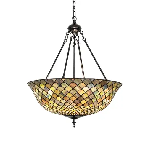 A Louis Comfort Tiffany studio classic... The renowned Fishscale design features a variegated Tortoiseshell of Emerald, Sapphire, Mauve, and Beige colored art glass, evoking a unique dimensional and textured look in a rainbow of brilliant hues. This exquisite art glass shade is created using the famous Meyda Tiffany copperfoil construction process and enhanced with elegant cast metal hardware featured in a Jet Black finish. Rainbow Trout and other colorful fish inspired the ceiling fixture. The overall height ranges from 32 to 67 inches, as the chain can be easily adjusted on location to meet your precise lighting requirements. The Tiffany Fishscale Inverted Pendant is included in our American-designed, handcrafted Tiffany Reproduction Lighting Collection. It is UL and cUL listed for dry and damp locations. Each shade is a unique work of art with color variations based on natural ingredients inherent in the glass. Collection: Tiffany Fishscale Finish: Jet Black Glass: Stained Glass Width: 24.00" Height: 32.00" Length: 24.00" Weight: 12.00 lb Number of Bulbs: 3 Maximum Wattage: 60.00 W Bulb Type: A19 Bulb Base: E26 Material: Steel Country of Origin: USA Safety Rating: Damp - alternate view