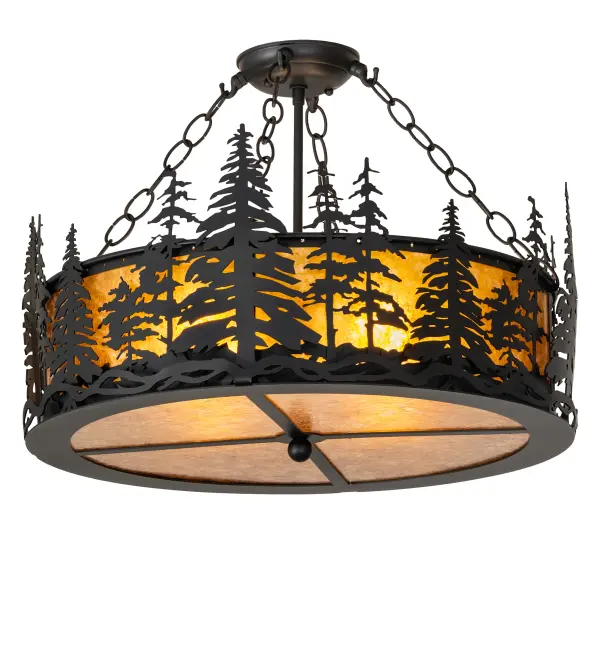 Every Meyda Tiffany item is a unique handcrafted work of art. Natural variations in the wide array of materials that we use to create each Meyda product make every item a masterpiece of its own. Photographs are a general representation of the product. Colors and designs will vary. Collection: Tall Pines Finish: Solar Black Glass: Amber Mica Width: 22.00" Height: 17.00" Length: 22.00" Weight: 15.00 lb Number of Bulbs: 4 Maximum Wattage: 60.00 W Bulb Type: A19 Bulb Base: E26 Material: Steel Country of Origin: USA Safety Rating: Damp