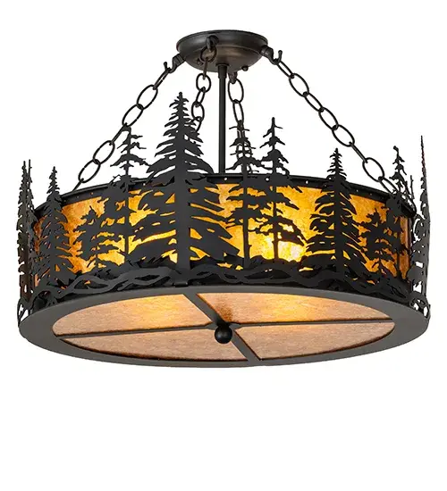 Every Meyda Tiffany item is a unique handcrafted work of art. Natural variations in the wide array of materials that we use to create each Meyda product make every item a masterpiece of its own. Photographs are a general representation of the product. Colors and designs will vary. Collection: Tall Pines Finish: Solar Black Glass: Amber Mica Width: 22.00" Height: 17.00" Length: 22.00" Weight: 15.00 lb Number of Bulbs: 4 Maximum Wattage: 60.00 W Bulb Type: A19 Bulb Base: E26 Material: Steel Country of Origin: USA Safety Rating: Damp - alternate view
