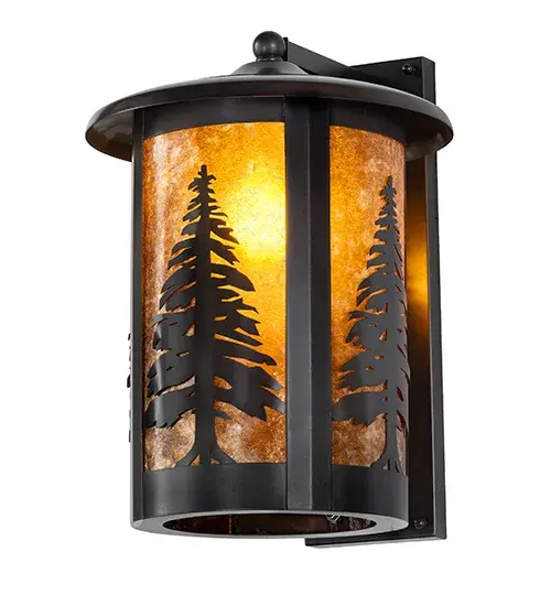 This stunning, graceful wall sconce features a striking Pine Tree design and is handcrafted from Solid Brass, offering exquisite beauty for both interior and outdoor lighting applications. This stunning cylindrical lantern features an Amber Mica lens, enhanced with a Black Patina finish. The wall sconce is perfect for illuminating outdoor walls and facades in timber homes, modern farmhouses, and other spaces. The Fulton Tall Pines Wall Sconce is part of our American-made, American-designed, handcrafted Craftsman Signature Series, manufactured in Yorkville, New York. The fixture is UL and cUL listed for use in dry, damp, and wet locations, however, mica is not suitable for many harsh outdoor locations and is only recommended in areas where the fixture is protected, as exposure to wind and elements may cause delamination. Our Build Your Own Craftsman Signature Series features unlimited combinations of styles. The collection is called Build Your Own because it is fully configurable and customizable from size and design to finish and lens color. Marine-grade, solid brass, or copper raw materials are utilized to ensure items from the Craftsman Signature Series of outdoor and indoor lighting will stand the test of time, as these premium metals are impervious to most types of oxidation. Hand-applied Patina finishes on brass and copper are sealed with a clear varnish and, over time, may require gentle maintenance, such as wax, to delay or reverse the natural living finish attributes indicative of this finishing process. Patina finishes on brass and copper provide strong resistance to fading from sun exposure, will not chip or crack, and will not rust like a steel-framed item in the same conditions. Choose from a variety of style options, or send us your concept today! Call today to learn how to use the configuration tool available on our website to generate an item number instantly. Collection: Fulton Finish: Black Patina Glass: Amber Mica Width: 12.25" Height: 16.75" Length: 14.00" Weight: 8.10 lb Number of Bulbs: 1 Maximum Wattage: 60.00 W Bulb Type: A19 Bulb Base: E26 Material: Brass Country of Origin: USA Safety Rating: Wet - alternate view