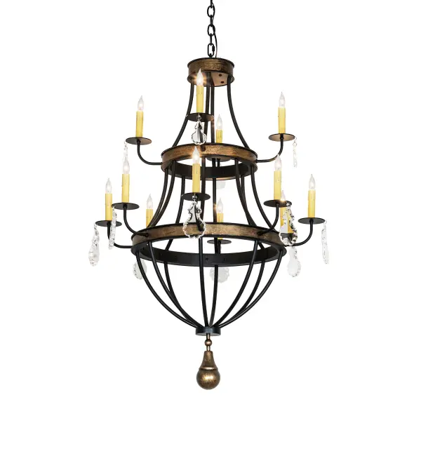 A magnificent show of luxury in light, the impressive Georgetown Chandelier embodies two sturdy rings, a hub highlighted with Brushed Gold finished bands and a matching pear-shaped finial. The extraordinary frame and hardware are featured in a Textured Black finish. The top tier displays four Ivory faux candlelights, while the lower tier features eight Ivory faux candlelights, a total of 12 altogether, to complement the bobeches and arms. These eye-catching rings emit a clean glow and enhance the ambiance of the surrounding space as they elevate the fixture's appeal in homes and hotels. The overall height ranges from 49 to 84 inches as the chain easily adjusts on location. The Georgetown 12 Light Chandelier is included in our American-made, American-designed, handcrafted Traditional Lighting Collection, which is manufactured in Yorkville, New York. UL & cUL listed for dry and damp locations. Collection: Georgetown Finish: Textured Black & Brushed Gold Width: 30.00" Height: 49.00" Length: 30.00" Weight: 34.00 lb Number of Bulbs: 12 Maximum Wattage: 60.00 W Bulb Type: BA9 Bulb Base: E12 Material: Steel Country of Origin: USA Safety Rating: Damp