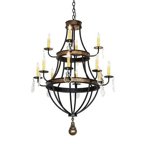 A magnificent show of luxury in light, the impressive Georgetown Chandelier embodies two sturdy rings, a hub highlighted with Brushed Gold finished bands and a matching pear-shaped finial. The extraordinary frame and hardware are featured in a Textured Black finish. The top tier displays four Ivory faux candlelights, while the lower tier features eight Ivory faux candlelights, a total of 12 altogether, to complement the bobeches and arms. These eye-catching rings emit a clean glow and enhance the ambiance of the surrounding space as they elevate the fixture's appeal in homes and hotels. The overall height ranges from 49 to 84 inches as the chain easily adjusts on location. The Georgetown 12 Light Chandelier is included in our American-made, American-designed, handcrafted Traditional Lighting Collection, which is manufactured in Yorkville, New York. UL & cUL listed for dry and damp locations. Collection: Georgetown Finish: Textured Black & Brushed Gold Width: 30.00" Height: 49.00" Length: 30.00" Weight: 34.00 lb Number of Bulbs: 12 Maximum Wattage: 60.00 W Bulb Type: BA9 Bulb Base: E12 Material: Steel Country of Origin: USA Safety Rating: Damp - alternate view