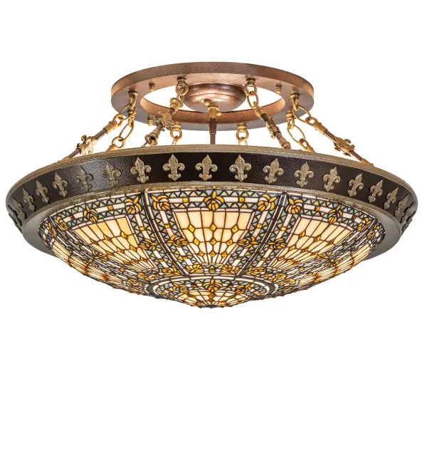Reminiscent of castle and cathedral glass, this resplendent fixture is a Meyda original design. The Fleur-de-Lis ceiling fixture is an intricate design featuring Purple stylized tri-petaled irises and Azure colored jewels against bands of Green and Umber, surrounding a mottled Blue, Mauve, and Peridot field. The Fleur-de-Lis pattern holds a prominent place in French Heraldry. Intricately detailed hardware, hand-finished in Copper Vein with Nu Gold accents, cradles a stained glass shade created using the famous Meyda Tiffany copperfoil construction process. The fixture makes a stunning centerpiece for a dining area or entryway in fine homes, restaurants, and hotels. Fleur-de-lis Flushmount is included in our American-designed, handcrafted Stained Glass Lighting Collection. UL and cUL listed for dry and damp locations. Collection: Fleur-De-Lis Finish: Nu Gold & Copper Vein Glass: Stained Glass Width: 28.00" Height: 17.00" Length: 28.00" Weight: 24.00 lb Number of Bulbs: 4 Maximum Wattage: 60.00 W Bulb Type: A19 Bulb Base: E26 Material: Steel Country of Origin: CHINA Safety Rating: Damp