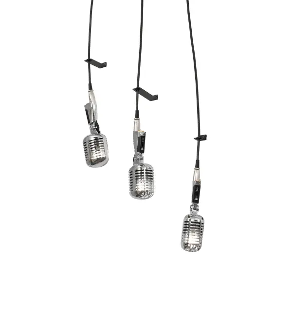 The golden age of radio inspired an innovative lighting design with a heavy Art Deco influence. This eclectic pendant features three unique ribbed microphone-style luminaires that illuminate and cascade downward with straight cords hanging from a large rectangular canopy. This magnificent wall fixture is ideal for dining areas and entryways in residential and hospitality spaces. The Phonic 3 Light Pendant is included in our American-made; American-designed; handcrafted Deco Lighting Collection. The fixture is UL and cUL listed for dry and damp locations.