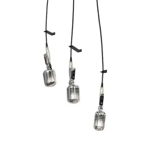 The golden age of radio inspired an innovative lighting design with a heavy Art Deco influence. This eclectic pendant features three unique ribbed microphone-style luminaires that illuminate and cascade downward with straight cords hanging from a large rectangular canopy. This magnificent wall fixture is ideal for dining areas and entryways in residential and hospitality spaces. The Phonic 3 Light Pendant is included in our American-made; American-designed; handcrafted Deco Lighting Collection. The fixture is UL and cUL listed for dry and damp locations. - alternate view