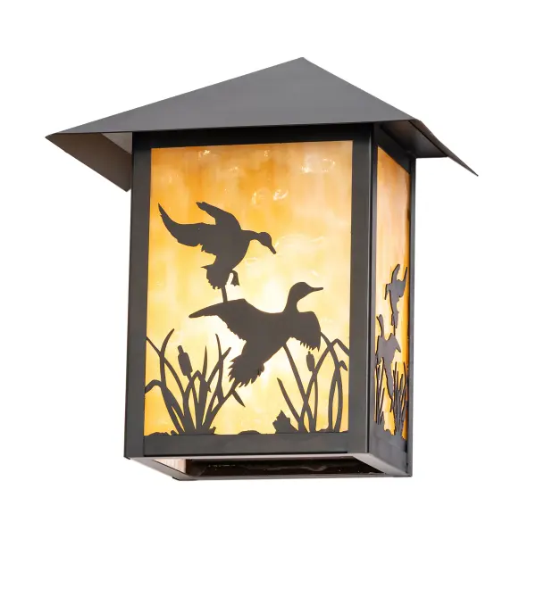 With a swoosh; a flock of Ducks climbs sunward; soaring in flight and stretching out above the marsh reeds against the sun-split sky and up towards the heavens. This charming Brass wall sconce features a stunning Beige Art Glass shade that diffuses soft; ambient illumination. The decorative accents; hardware; and frame are available in a Black Patina. To complement this wall fixture; please look at the matching left wall sconce; model 290075. The Seneca Ducks in Flight Wall Sconces are included in our American- made; American-designed; handcrafted Craftsman Signature Series. The fixtures are manufactured in Yorkville; New York; and are UL and cUL listed for use in dry and damp locations. Our Build Your Own Craftsman Signature Series features unlimited combinations of styles. The collection is called Build Your Own because it is fully configurable and customizable from size and design to finish and lens color. Marine-grade; solid brass; or copper raw materials are utilized to ensure items from the Craftsman Signature Series of outdoor and indoor lighting will stand the test of time; as these premium metals are impervious to most types of oxidation. Hand-applied Patina finishes on brass and copper are sealed with a clear varnish and; over time; may require gentle maintenance; such as wax; to delay or reverse the natural living finish attributes indicative of this finishing process. Patina finishes on brass and copper provide strong resistance to fading from sun exposure; will not chip or crack; and will not rust like a steel-framed item in the same conditions. Choose from a variety of style options; or send us your concept today! Call today to learn how to use the configuration tool available on our website to generate an item number instantly.