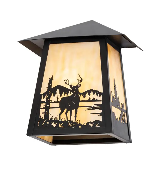 A magnificent Deer is captured standing alongside a mountain lake as the morning Sun shines over the American wilderness. The striking decorative accents and frame are featured in a Black Patina finish with a stunning Beige art glass shade. This alluring Brass lighting fixture is perfect for both indoor and outdoor applications. This fixture complements the Seneca Deer Creek Right Wall Sconce; model 289749. The Seneca Deer Creek Left Wall Sconce is featured in our American-made; American-designed; handcrafted Craftsman Signature Series; which is manufactured in Yorkville; New York. UL and cUL listed for use in dry; damp; and wet locations. Our Build Your Own Craftsman Signature Series features unlimited combinations of styles. The collection is called Build Your Own because it is fully configurable and customizable from size and design to finish and lens color. Marine-grade; solid brass; or copper raw materials are utilized to ensure items from the Craftsman Signature Series of outdoor and indoor lighting will stand the test of time; as these premium metals are impervious to most types of oxidation. Hand-applied Patina finishes on brass and copper are sealed with a clear varnish and; over time; may require gentle maintenance; such as wax; to delay or reverse the natural living finish attributes indicative of this finishing process. Patina finishes on brass and copper provide strong resistance to fading from sun exposure; will not chip or crack; and will not rust like a steel- framed item in the same conditions. Choose from a variety of style options; or send us your concept today! Call today to learn how to use the configuration tool available on our website to generate an item number instantly.