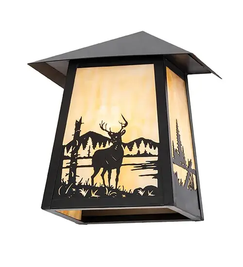 A magnificent Deer is captured standing alongside a mountain lake as the morning Sun shines over the American wilderness. The striking decorative accents and frame are featured in a Black Patina finish with a stunning Beige art glass shade. This alluring Brass lighting fixture is perfect for both indoor and outdoor applications. This fixture complements the Seneca Deer Creek Right Wall Sconce; model 289749. The Seneca Deer Creek Left Wall Sconce is featured in our American-made; American-designed; handcrafted Craftsman Signature Series; which is manufactured in Yorkville; New York. UL and cUL listed for use in dry; damp; and wet locations. Our Build Your Own Craftsman Signature Series features unlimited combinations of styles. The collection is called Build Your Own because it is fully configurable and customizable from size and design to finish and lens color. Marine-grade; solid brass; or copper raw materials are utilized to ensure items from the Craftsman Signature Series of outdoor and indoor lighting will stand the test of time; as these premium metals are impervious to most types of oxidation. Hand-applied Patina finishes on brass and copper are sealed with a clear varnish and; over time; may require gentle maintenance; such as wax; to delay or reverse the natural living finish attributes indicative of this finishing process. Patina finishes on brass and copper provide strong resistance to fading from sun exposure; will not chip or crack; and will not rust like a steel- framed item in the same conditions. Choose from a variety of style options; or send us your concept today! Call today to learn how to use the configuration tool available on our website to generate an item number instantly. - alternate view