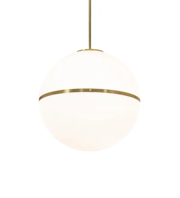 A cool contemporary look. This curvaceous Matte White Glass shade is enhanced with a horizontal band and decorative stud in stunning Brushed Brass. The ceiling pendant is Ideal for providing beautiful ambient illumination in dining areas and other spaces in residential; hospitality; and commercial settings. The Toccata Pendant is included in our American-designed; handcrafted Modern Lighting Collection. The fixture is UL and cUL listed for use in dry and damp locations. This fixture is featured at the Boston Symphony Orchestra in Boston; Massachusetts. The lighting designer is Matt Zelkowitz; and the architect is Amanda Dellevigne.