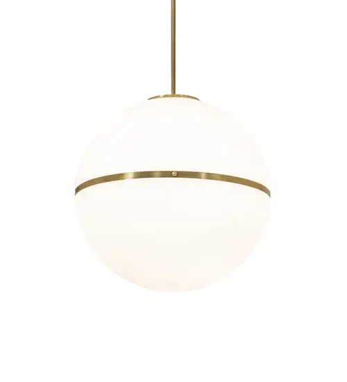 A cool contemporary look. This curvaceous Matte White Glass shade is enhanced with a horizontal band and decorative stud in stunning Brushed Brass. The ceiling pendant is Ideal for providing beautiful ambient illumination in dining areas and other spaces in residential; hospitality; and commercial settings. The Toccata Pendant is included in our American-designed; handcrafted Modern Lighting Collection. The fixture is UL and cUL listed for use in dry and damp locations. This fixture is featured at the Boston Symphony Orchestra in Boston; Massachusetts. The lighting designer is Matt Zelkowitz; and the architect is Amanda Dellevigne. - alternate view