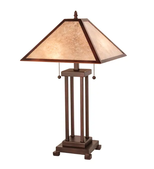 Simple; clean lines and geometric shapes are the hallmarks of the Mission style. This sleek Silver Mica shade is complemented with an elegant Mission-style four-columned metal base featuring a Mahogany Bronze finish. This exquisite minimalist lamp is perfect for placement in picture windows; end tables; and desks in homes; restaurants; and hotels. The Mission Table Lamp is included in our American-designed; handcrafted Mission Lighting Collection. It is UL and cUL listed for dry locations.
