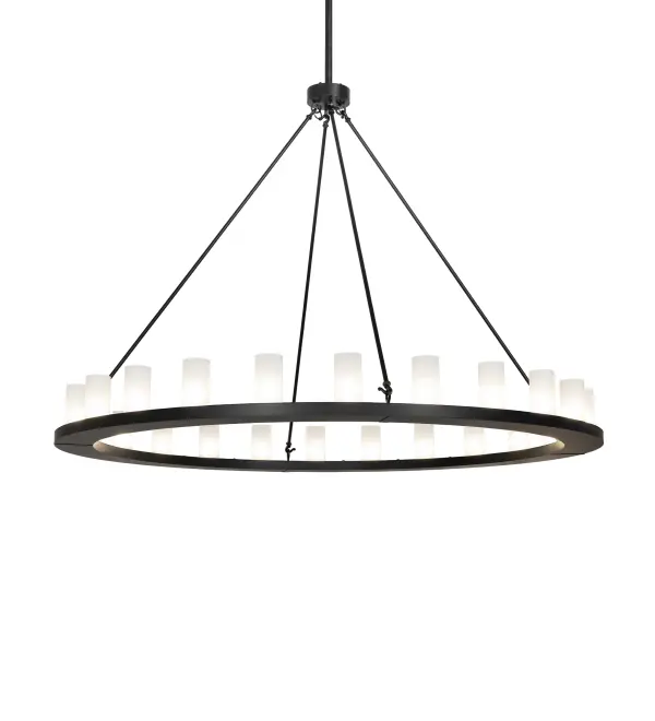 Blending an elegant style with a classic, distinguished look... The handsome Loxley Chandelier features 24 Clear Frosted Glass Cylindre elements perched on a sturdy ring, which is enhanced with a Solar Black finish. This luxurious chandelier is ideal for illuminating great rooms, entryways, and other residential, hospitality, and commercial spaces. The Loxley 24 Light Chandelier is included in our American-made, American-designed, handcrafted Transitional Lighting Collection. This fixture is manufactured in Yorkville, New York, and is UL and cUL listed for dry and damp locations. The Loxley Collection features various chandeliers, pendants, and wall sconces designed with sturdy rings accented with faux candlelights or cylindrical elements. Many of these fixtures make great statement pieces for large spaces and can be customized with your choice of size, finish, and lamping. Collection: Loxley Finish: Solar Black Glass: Clear Frosted Glass Width: 72.00" Height: 138.00" Length: 72.00" Weight: 120.00 lb Number of Bulbs: 24 Maximum Wattage: 40.00 W Bulb Type: B11 Bulb Base: E26 Material: Steel Country of Origin: USA Safety Rating: Damp