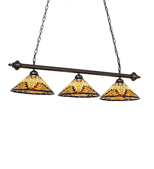 Like gazing out your window across the warm desert at sunset... Interlocking tiles of Sandstone Beige glow behind the sun-glistening Orange; Amber Green; and Brown rays on these stained glass shades. A Bark Brown border surrounds this stunning motif. Three stunning Nuevo Mission shades are created using the famous Meyda Tiffany copperfoil construction method and embraced with Mahogany Bronze hardware. The oblong fixture is ideal for illuminating islands; billiard tables; counters; bars; and other residential and hospitality spaces. The overall height ranges from 22 to 62 inches; as the chain can be easily adjusted on location to meet your lighting requirements. The Nuevo Mission 3 Light Island Pendant is featured in our American-designed; handmade Southwestern Stained Glass Series. UL and cUL listed for dry and damp locations. Each shade is a unique work of art with color variations based on natural ingredients inherent in the glass. - alternate view