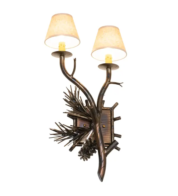 Love for the Outdoors is the inspiration for this handsome Pinewood Wall Sconce. This stunning fixture features two lovely Parchment shades with Rawhide accents and is complemented with Pine Branch-styled metal arms in a Light Burnished Antique Copper finish. This wall fixture is perfect for entryways, lobbies, corridors, and other spaces where you want to make a stunning design statement. The Pinewood Right Wall Sconce, model 283595, complements this fixture. The Pinewood Wall Sconces are included in our American-made, American-designed, handcrafted Nature-Inspired Collection and are manufactured in Yorkville, New York. It is UL and cUL listed for use in dry and damp locations, however, we do not recommend installing it in spaces that experience excessive moisture due to the faux parchment shades. Collection: Pinewood Finish: Light Burnished Antique Copper Glass: Taos Parchment Width: 12.00" Height: 22.00" Length: 5.50" Weight: 7.00 lb Number of Bulbs: 2 Maximum Wattage: 60.00 W Bulb Type: B10 Bulb Base: E12 Material: Steel Country of Origin: USA Safety Rating: Damp
