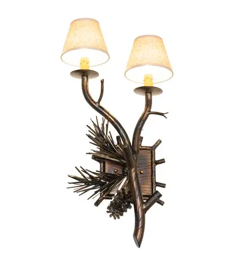 Love for the Outdoors is the inspiration for this handsome Pinewood Wall Sconce. This stunning fixture features two lovely Parchment shades with Rawhide accents and is complemented with Pine Branch-styled metal arms in a Light Burnished Antique Copper finish. This wall fixture is perfect for entryways, lobbies, corridors, and other spaces where you want to make a stunning design statement. The Pinewood Right Wall Sconce, model 283595, complements this fixture. The Pinewood Wall Sconces are included in our American-made, American-designed, handcrafted Nature-Inspired Collection and are manufactured in Yorkville, New York. It is UL and cUL listed for use in dry and damp locations, however, we do not recommend installing it in spaces that experience excessive moisture due to the faux parchment shades. Collection: Pinewood Finish: Light Burnished Antique Copper Glass: Taos Parchment Width: 12.00" Height: 22.00" Length: 5.50" Weight: 7.00 lb Number of Bulbs: 2 Maximum Wattage: 60.00 W Bulb Type: B10 Bulb Base: E12 Material: Steel Country of Origin: USA Safety Rating: Damp - alternate view