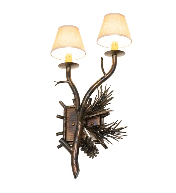 Love for the Outdoors is the inspiration for this handsome Pinewood Wall Sconce. This stunning fixture features two mesmerizing Parchment shades with Rawhide accents and is complemented with Pine Branch-styled metal arms in a Light Burnished Antique Copper finish. This wall fixture is perfect for entryways, lobbies, corridors, and other spaces where you want to make a stunning design statement. The Pinewood Left Wall Sconce, model 283594, complements this fixture. The Pinewood Wall Sconces are included in our American-made, American-designed, handcrafted Nature-Inspired Collection and are manufactured in Yorkville, New York. UL and cUL listed for dry and damp locations, however, we do not recommend installing it in spaces that experience excessive moisture due to the parchment shades. Collection: Pinewood Finish: Light Burnished Antique Copper Glass: Taos Parchment Width: 12.00" Height: 22.00" Length: 5.50" Weight: 7.00 lb Number of Bulbs: 2 Maximum Wattage: 60.00 W Bulb Type: B10 Bulb Base: E12 Material: Steel Country of Origin: USA Safety Rating: Damp