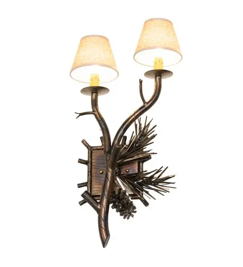 Love for the Outdoors is the inspiration for this handsome Pinewood Wall Sconce. This stunning fixture features two mesmerizing Parchment shades with Rawhide accents and is complemented with Pine Branch-styled metal arms in a Light Burnished Antique Copper finish. This wall fixture is perfect for entryways, lobbies, corridors, and other spaces where you want to make a stunning design statement. The Pinewood Left Wall Sconce, model 283594, complements this fixture. The Pinewood Wall Sconces are included in our American-made, American-designed, handcrafted Nature-Inspired Collection and are manufactured in Yorkville, New York. UL and cUL listed for dry and damp locations, however, we do not recommend installing it in spaces that experience excessive moisture due to the parchment shades. Collection: Pinewood Finish: Light Burnished Antique Copper Glass: Taos Parchment Width: 12.00" Height: 22.00" Length: 5.50" Weight: 7.00 lb Number of Bulbs: 2 Maximum Wattage: 60.00 W Bulb Type: B10 Bulb Base: E12 Material: Steel Country of Origin: USA Safety Rating: Damp - alternate view